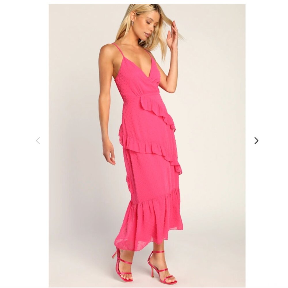 Like new. Lulus Cheers To Me Hot Pink Swiss Dot Tiered Ruffled Midi